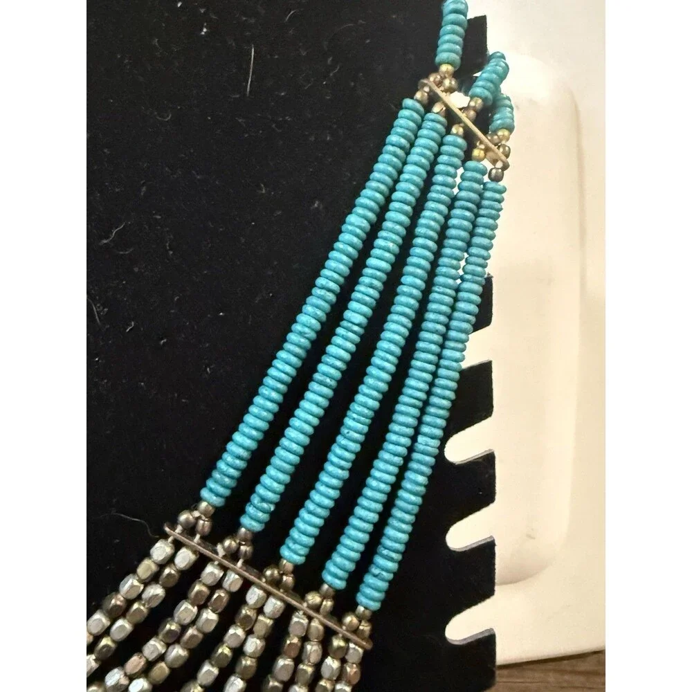 Multi Layered Metal Bead Turquoise Color Bead Bib Necklace 18.5”